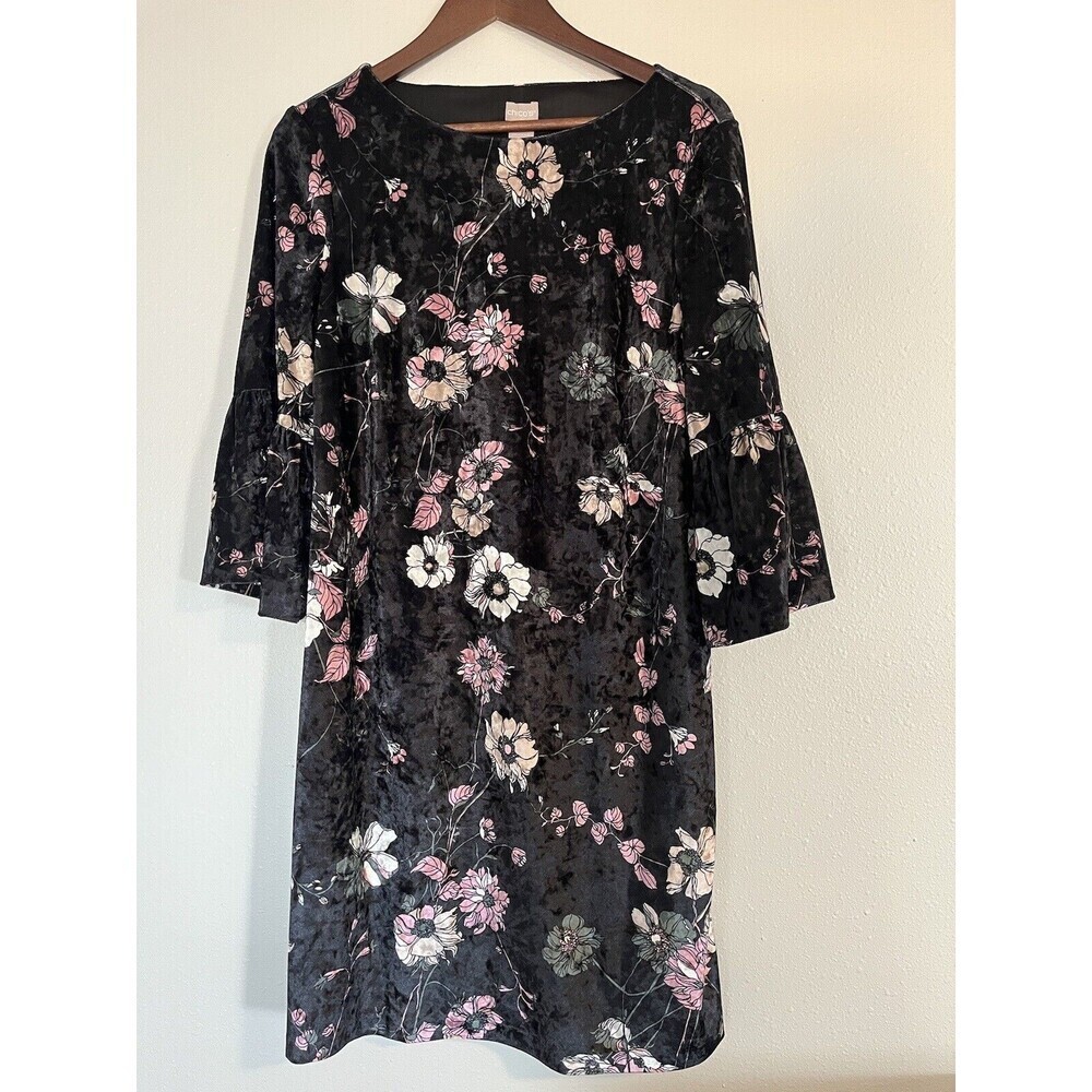Chicos Women’s 1 Medium M‎ Floral Velvet 3/4 Sleeve Knee Length Black Pink Dress